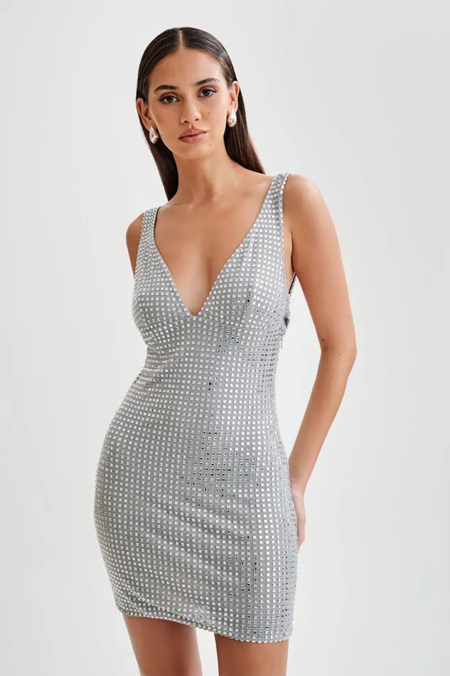 Women Meshki Dresses Ryann Mirrored Diamante Mini Dress 8211 Silver