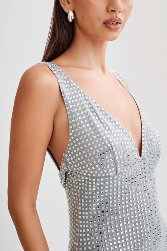 Women Meshki Dresses Ryann Mirrored Diamante Mini Dress 8211 Silver