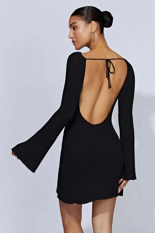 Women Meshki Dresses Zahra Long Sleeve Open Back Mini Knit Dress 8211 Black