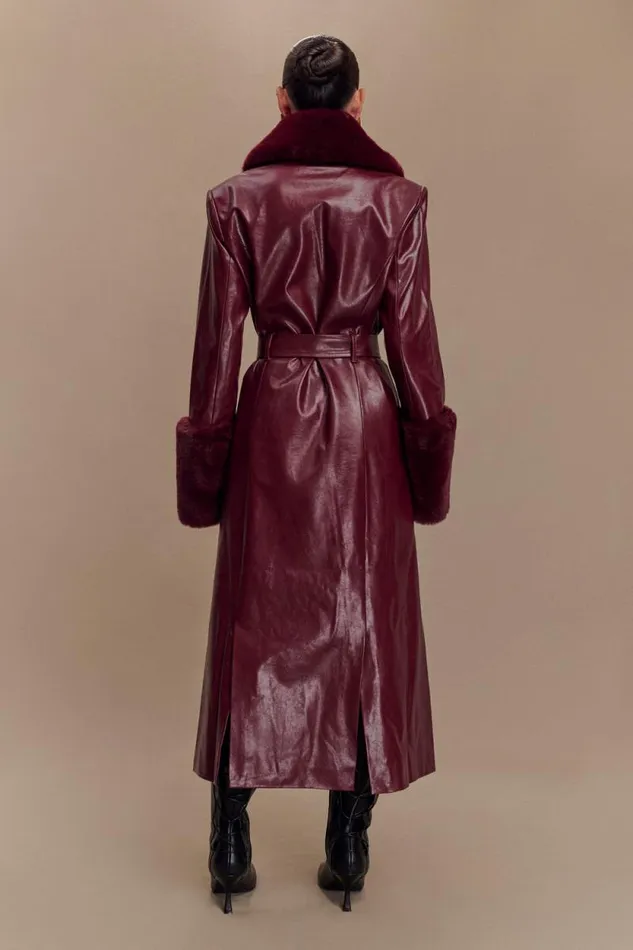 Women Meshki Outerwear Bec Faux Leather Trench Coat With Faux Fur 8211 Cherry Red