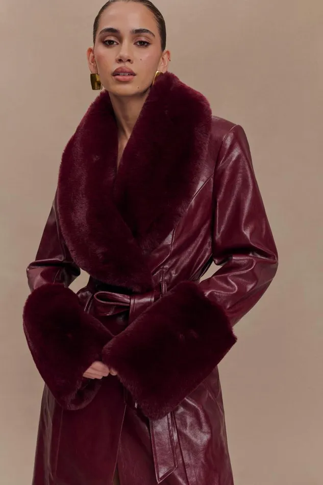 Women Meshki Outerwear Bec Faux Leather Trench Coat With Faux Fur 8211 Cherry Red