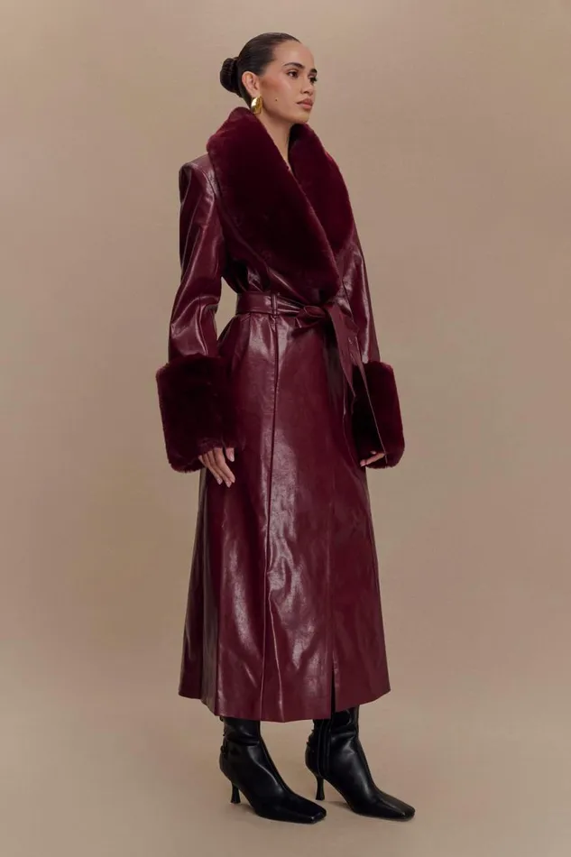 Women Meshki Outerwear Bec Faux Leather Trench Coat With Faux Fur 8211 Cherry Red
