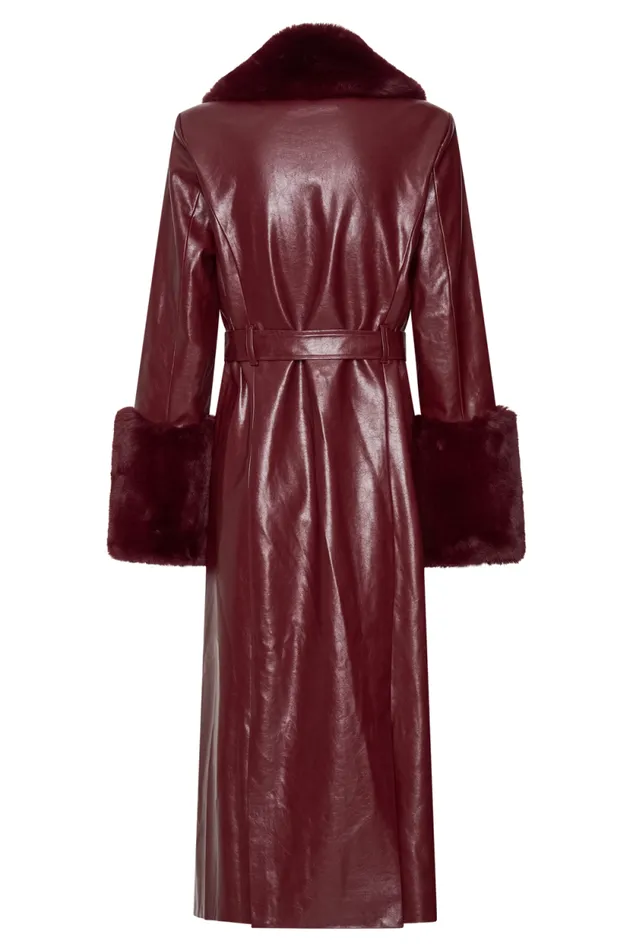 Women Meshki Outerwear Bec Faux Leather Trench Coat With Faux Fur 8211 Cherry Red
