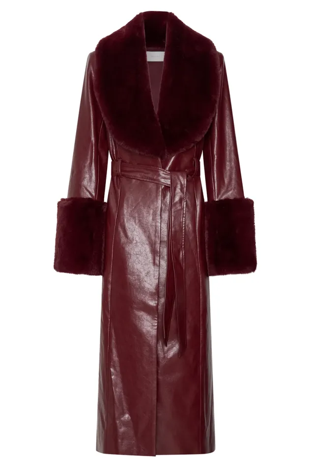 Women Meshki Outerwear Bec Faux Leather Trench Coat With Faux Fur 8211 Cherry Red