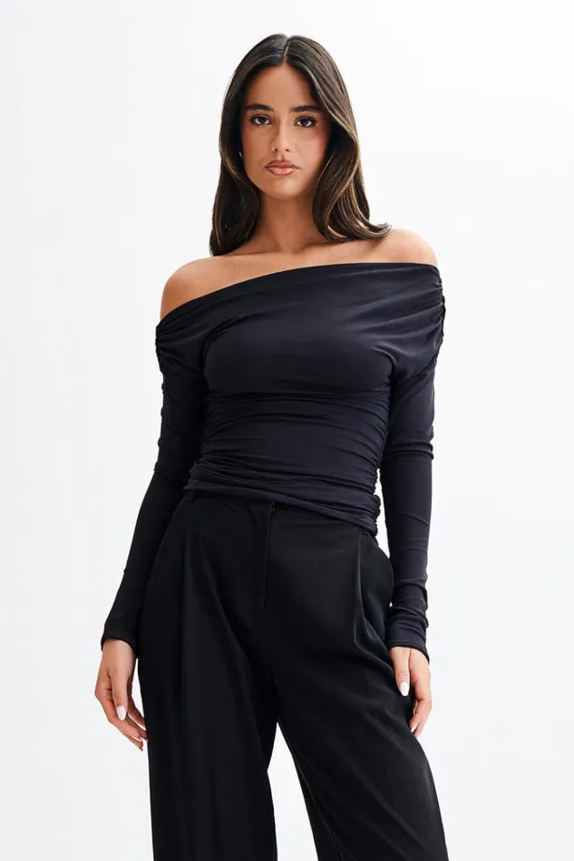 Women Meshki Tops Alayna Long Sleeve Recycled Nylon Ruched Top 8211 Black