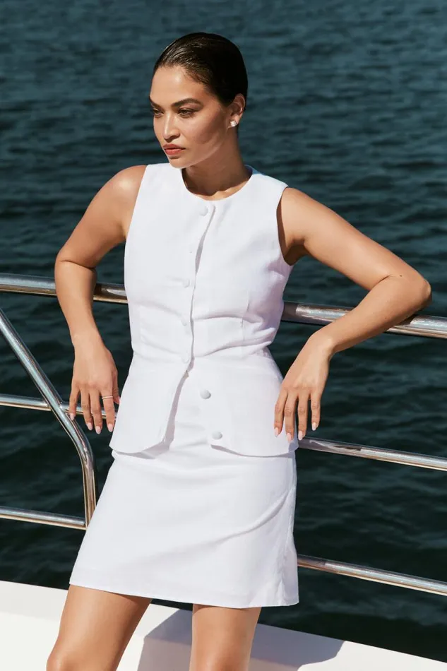 Women Meshki Tops Laurence Sleeveless Linen Longline Top 8211 White