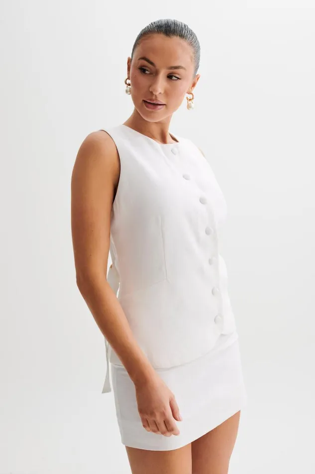 Women Meshki Tops Laurence Sleeveless Linen Longline Top 8211 White