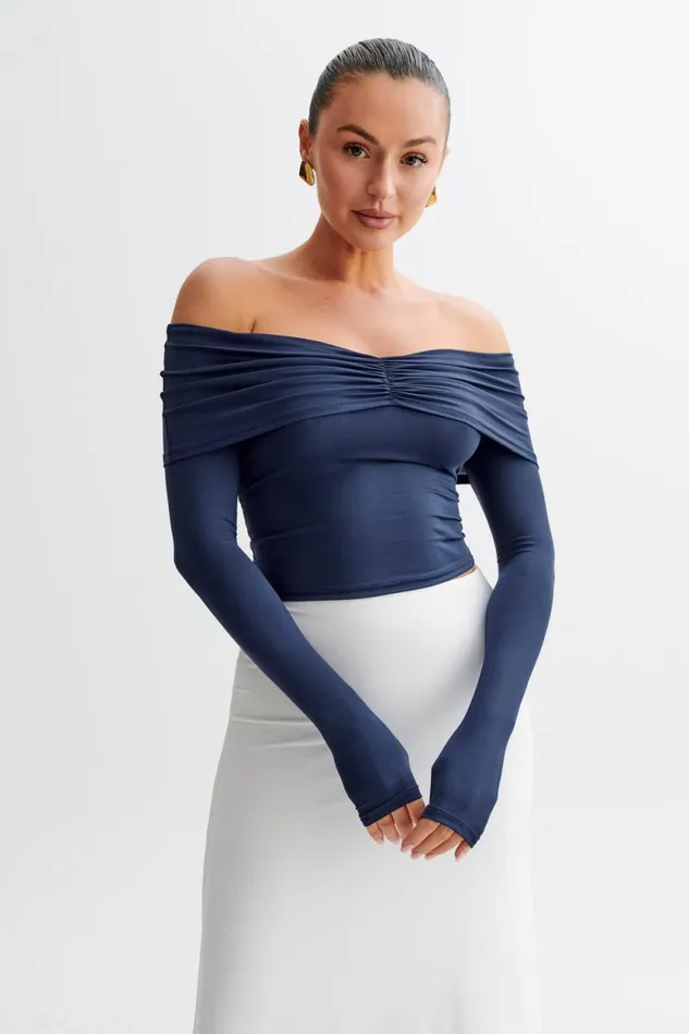 Women Meshki Tops Prue Ruched Off Shoulder Long Sleeve Top 8211 Navy