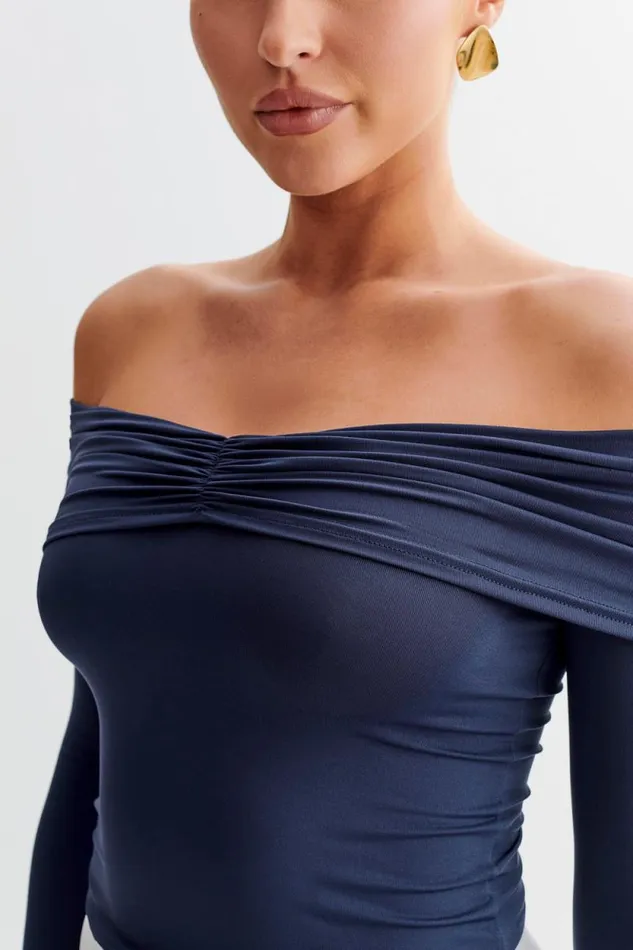 Women Meshki Tops Prue Ruched Off Shoulder Long Sleeve Top 8211 Navy
