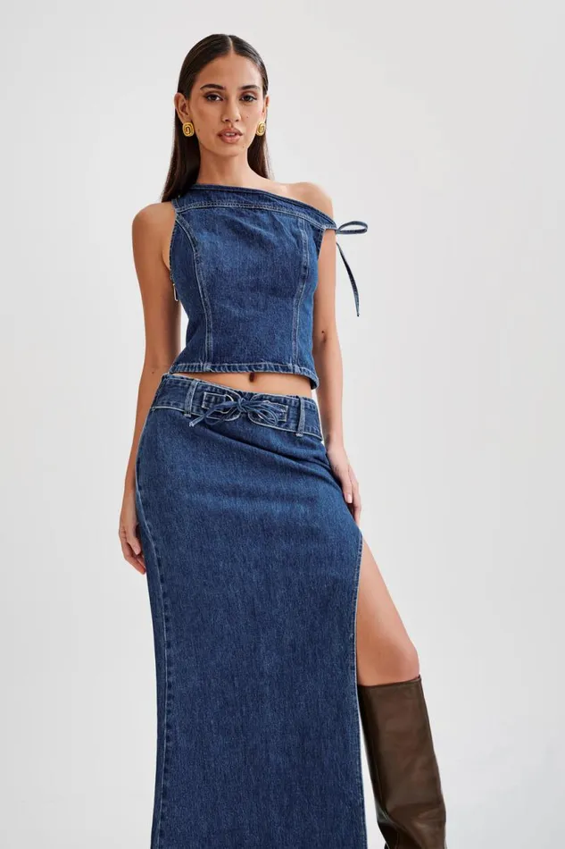 Women Meshki Tops Ramsey Denim Off Shoulder Top 8211 Dark Blue