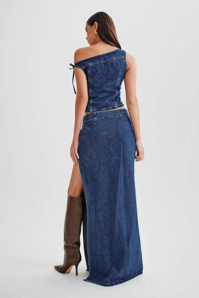 Women Meshki Tops Ramsey Denim Off Shoulder Top 8211 Dark Blue