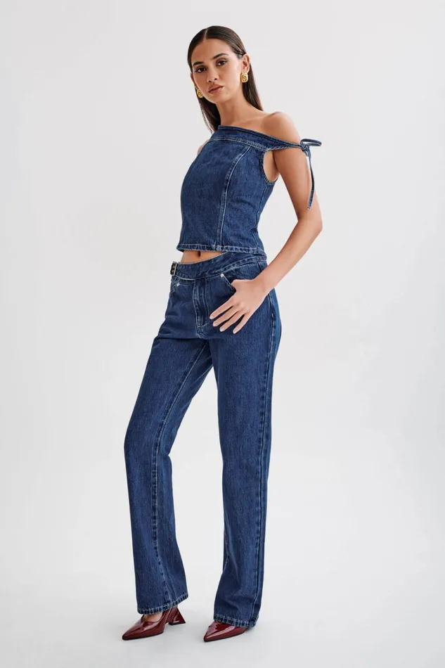 Women Meshki Tops Ramsey Denim Off Shoulder Top 8211 Dark Blue