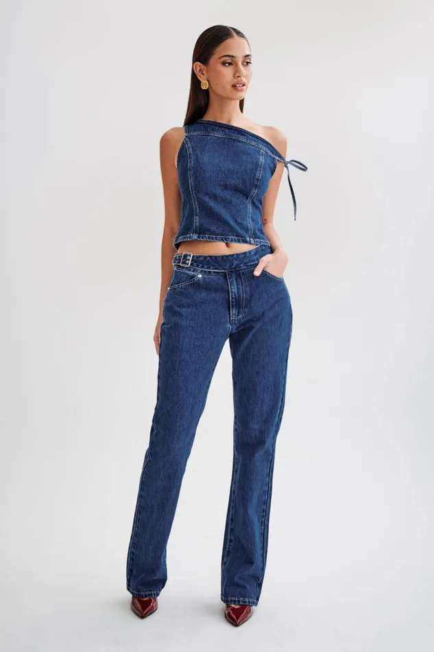 Women Meshki Tops Ramsey Denim Off Shoulder Top 8211 Dark Blue