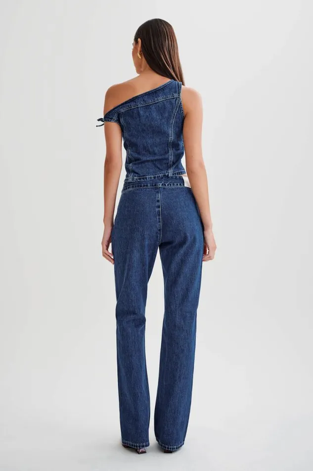 Women Meshki Tops Ramsey Denim Off Shoulder Top 8211 Dark Blue