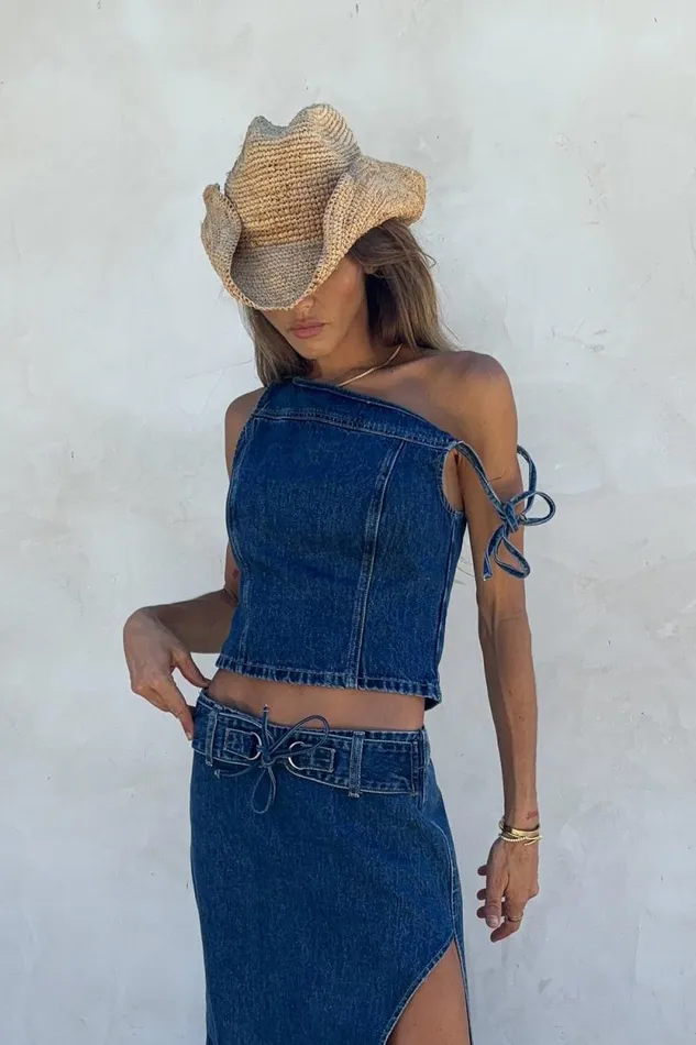 Women Meshki Tops Ramsey Denim Off Shoulder Top 8211 Dark Blue