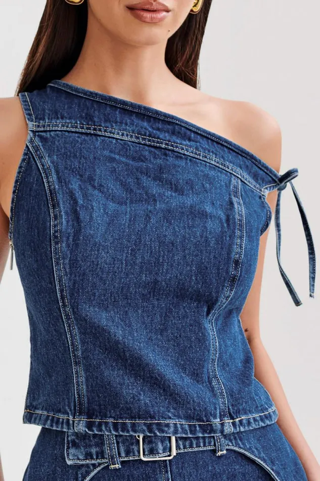 Women Meshki Tops Ramsey Denim Off Shoulder Top 8211 Dark Blue
