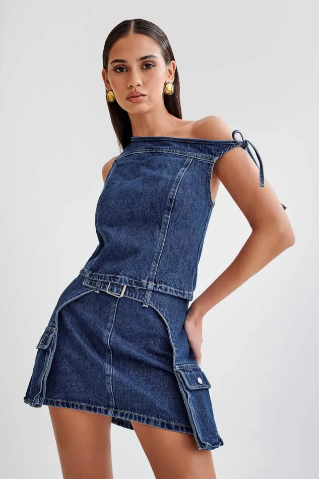 Women Meshki Tops Ramsey Denim Off Shoulder Top 8211 Dark Blue