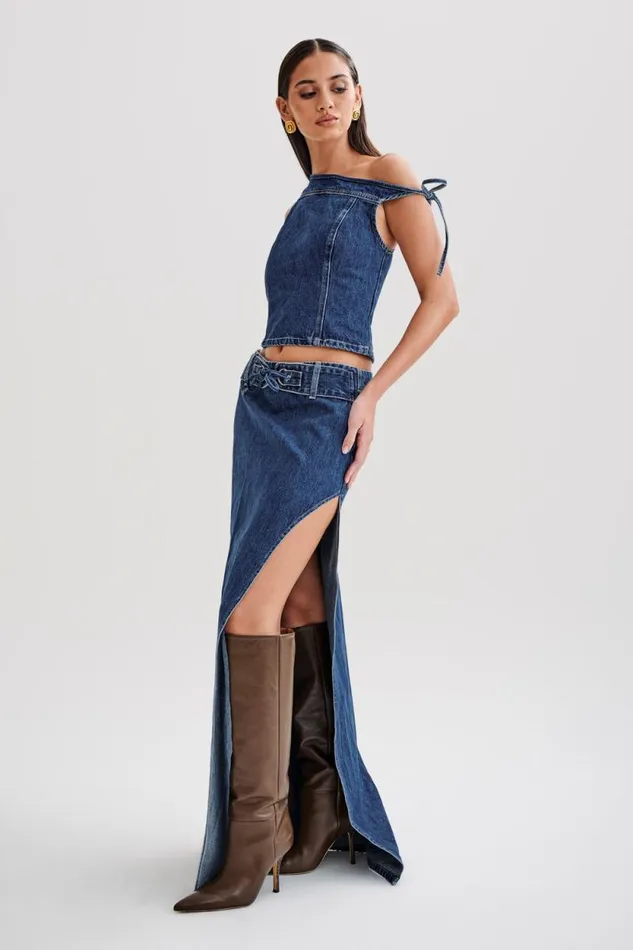 Women Meshki Tops Ramsey Denim Off Shoulder Top 8211 Dark Blue