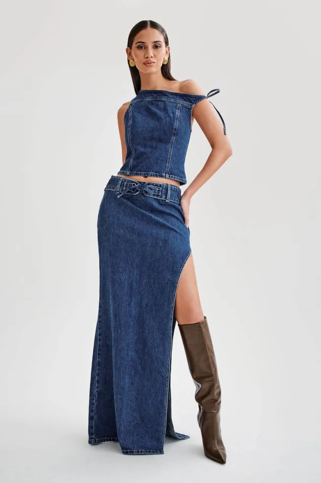 Women Meshki Tops Ramsey Denim Off Shoulder Top 8211 Dark Blue