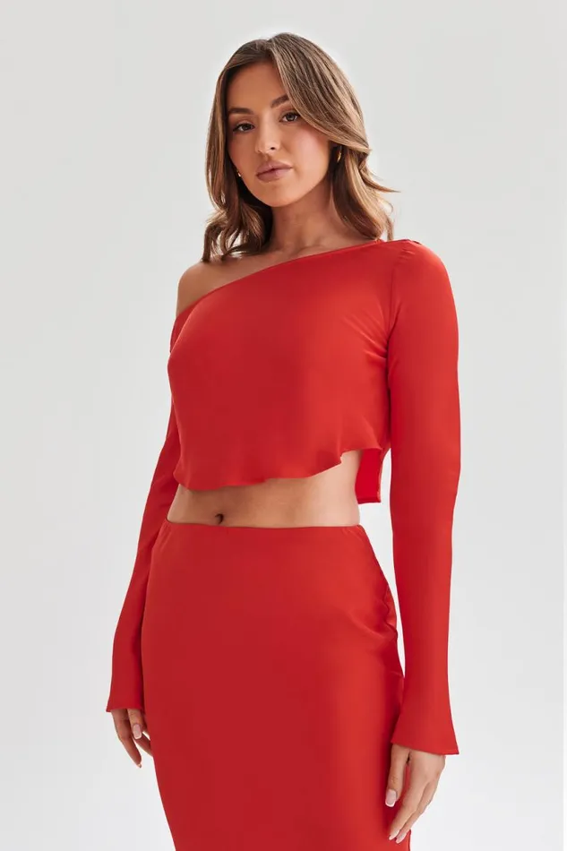 Women Meshki Tops Violeta One Shoulder Satin Top 8211 Red
