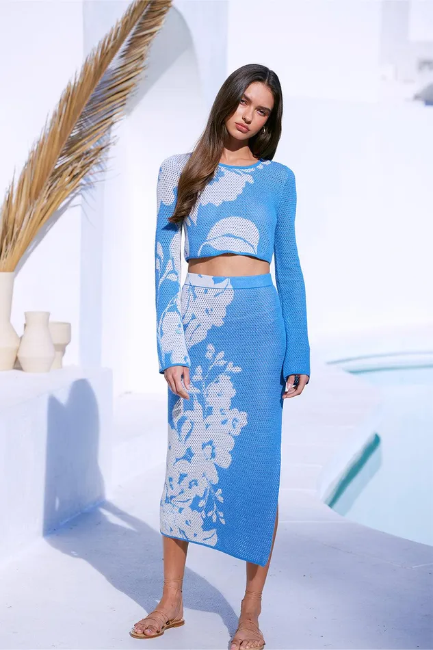 Women MISA Los Angeles Knits CASSI TOP Blue Hibiscus Flora