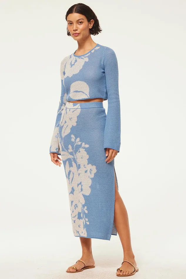 Women MISA Los Angeles Matching Sets DARA SKIRT Blue Hibiscus Flora