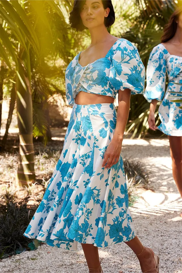 Women MISA Los Angeles Matching Sets EMMA SKIRT Turquoise Flora Poplin