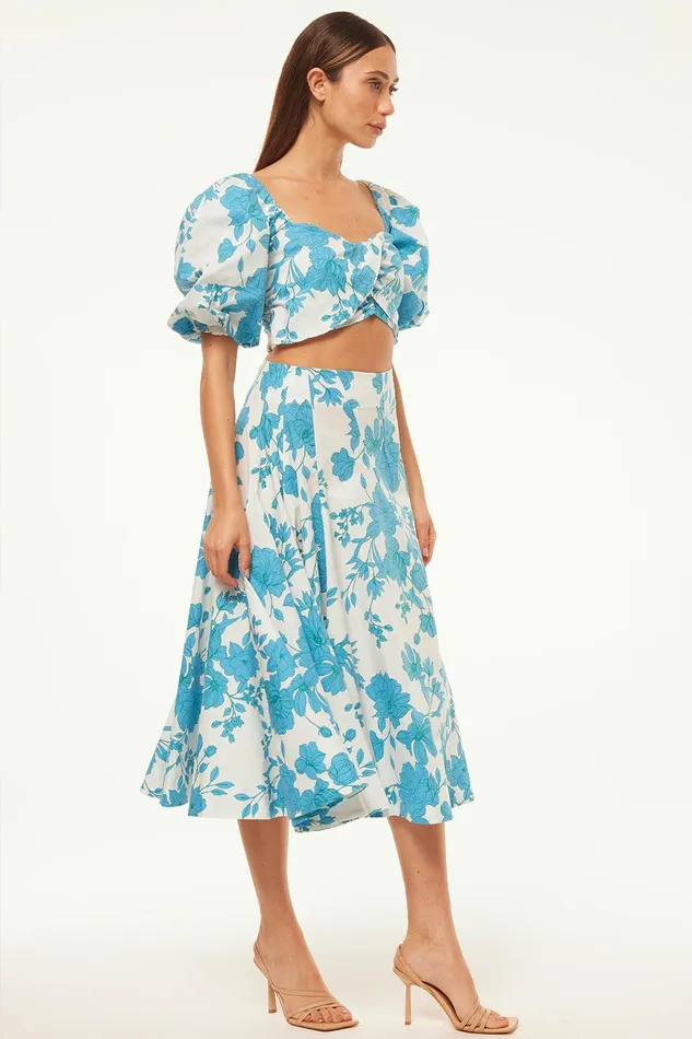 Women MISA Los Angeles Matching Sets EMMA SKIRT Turquoise Flora Poplin