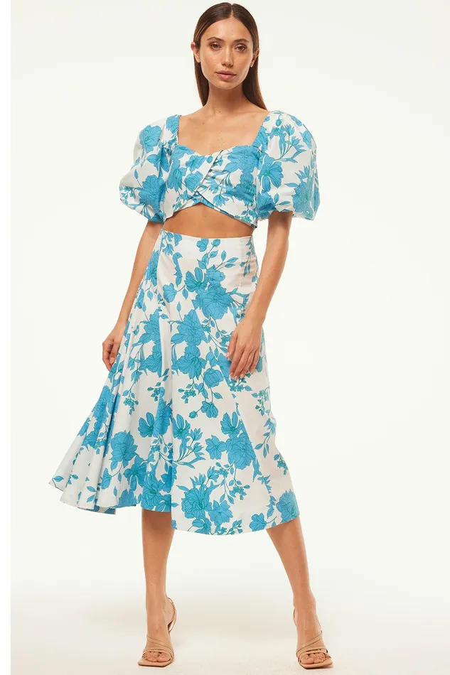 Women MISA Los Angeles Matching Sets EMMA SKIRT Turquoise Flora Poplin
