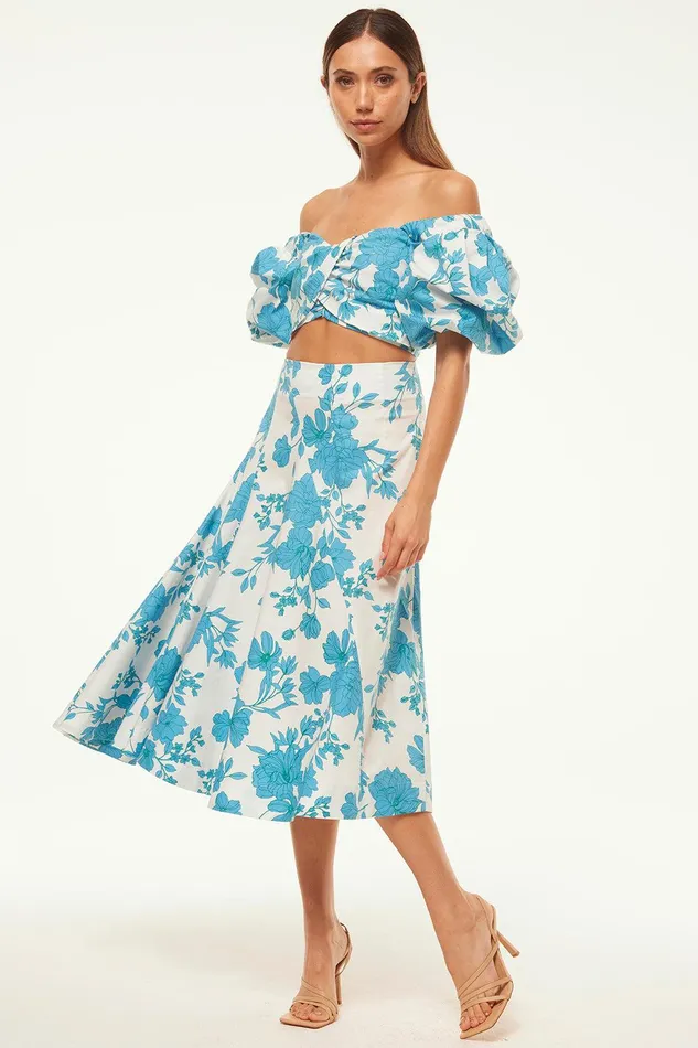 Women MISA Los Angeles Matching Sets EMMA SKIRT Turquoise Flora Poplin