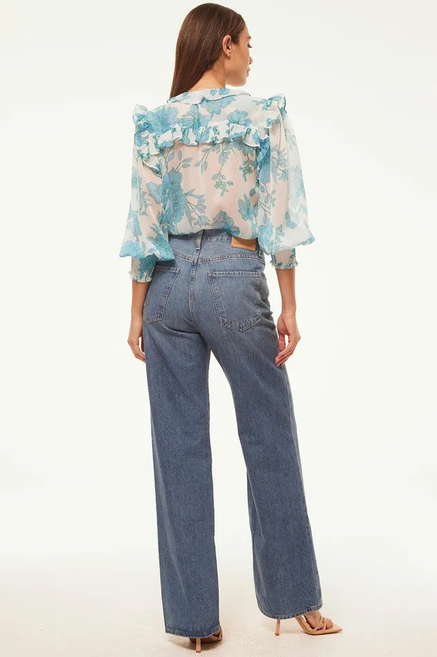 Women MISA Los Angeles Matching Sets SACHA TOP Turquoise Flora Chiffon
