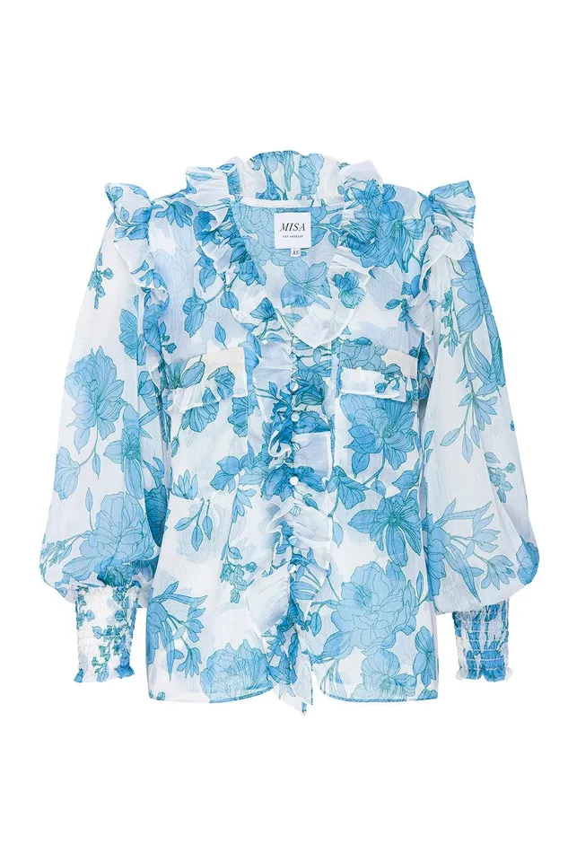 Women MISA Los Angeles Matching Sets SACHA TOP Turquoise Flora Chiffon