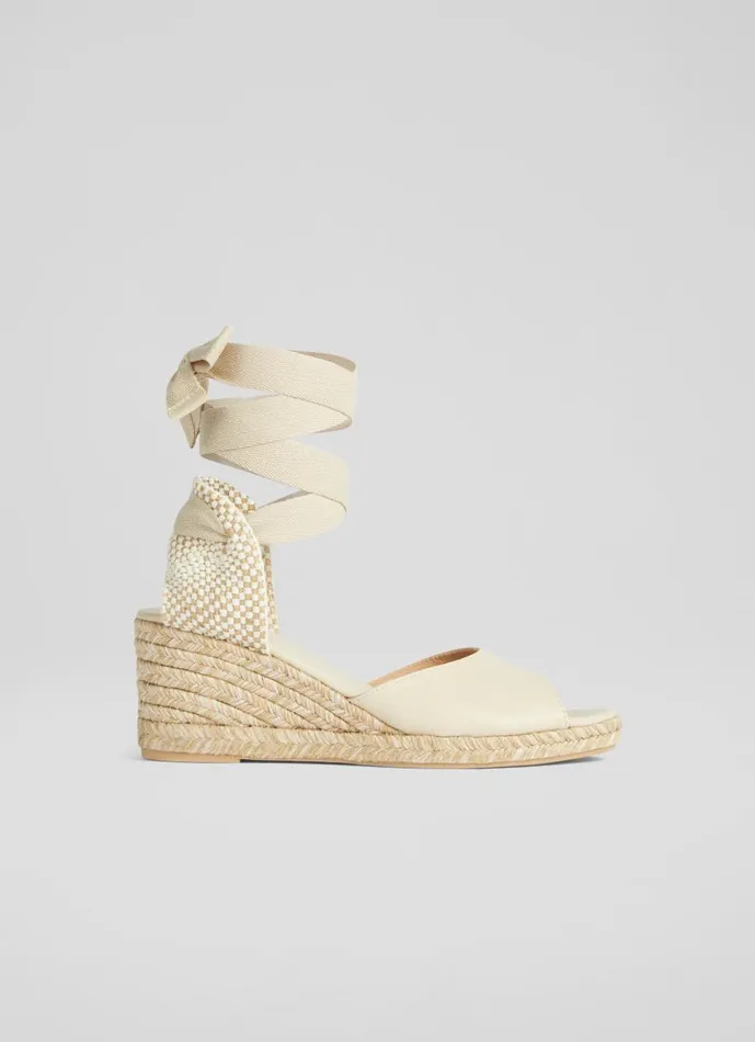 Women Sandals LKBennett Marianne Cream Leather Open Toe Espadrille Wedges Ecru