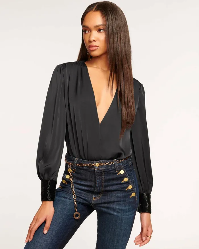 Women Selena Embellished VNeck Bodysuit Black Ramy Brook Tops