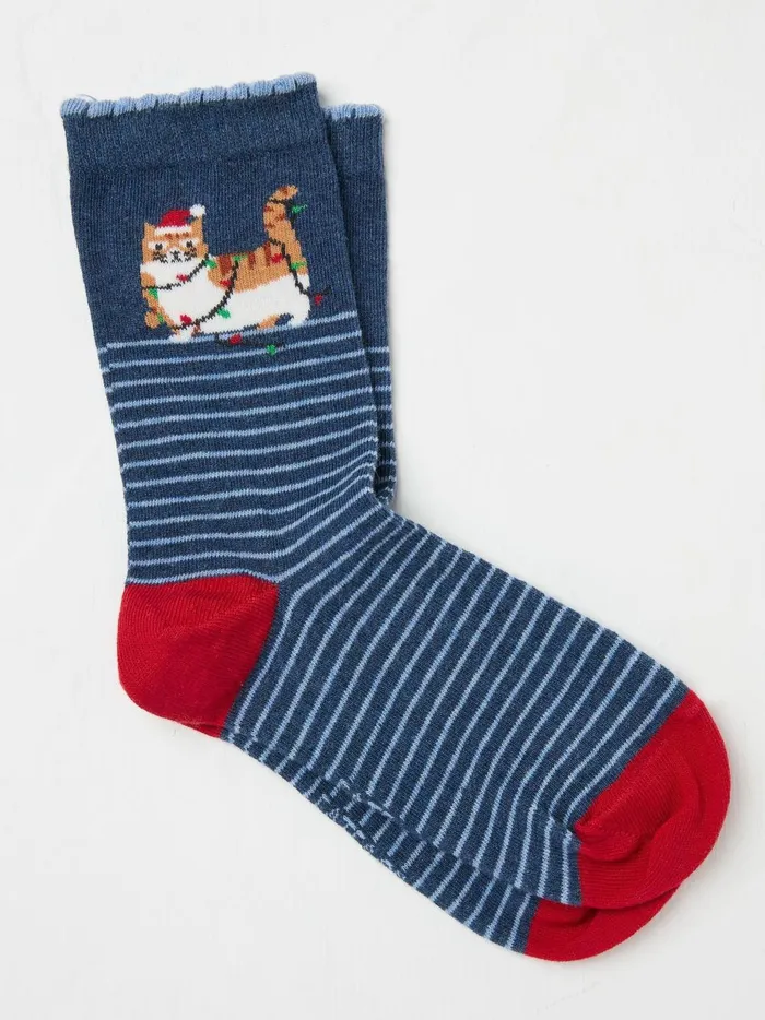Women Socks and Tights Fat Face Blue Navy Cat In Lights Socks 1 Pack