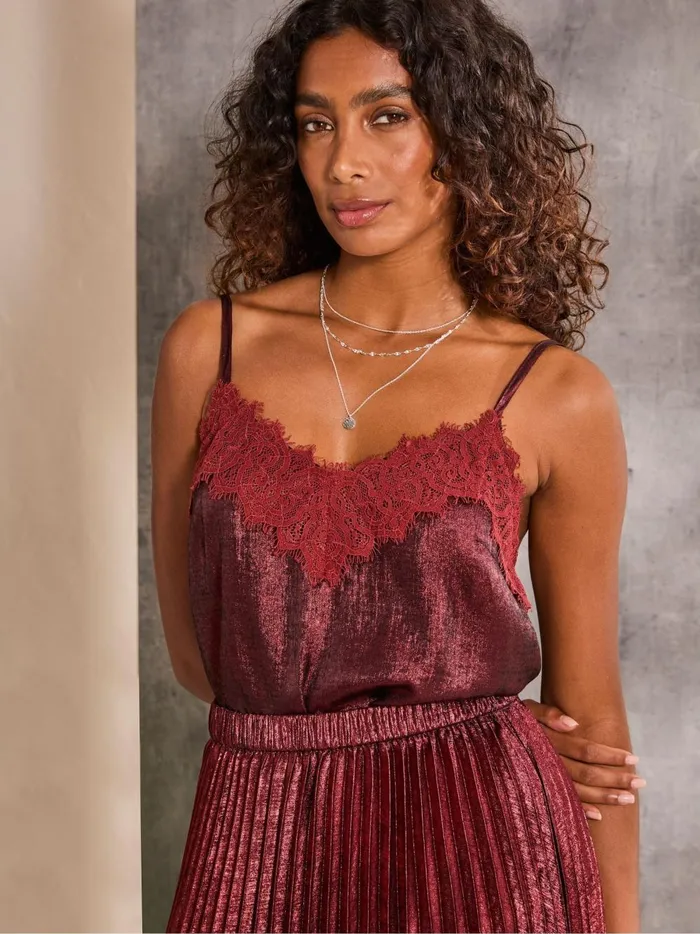 Women Tops and TShirts Fat Face Lia Dark Red Metallic Cami
