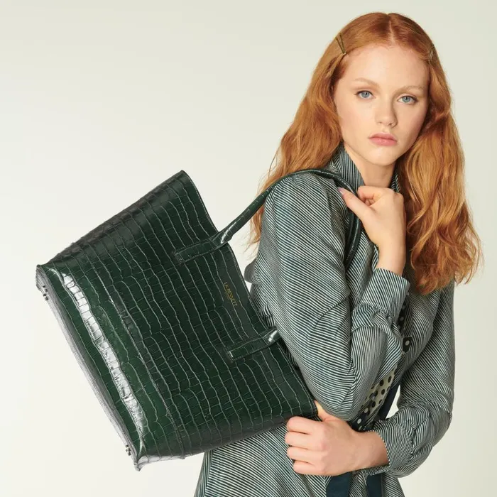 Women Tote Bags LKBennett Lacey Green CrocEffect Leather Tote Bag