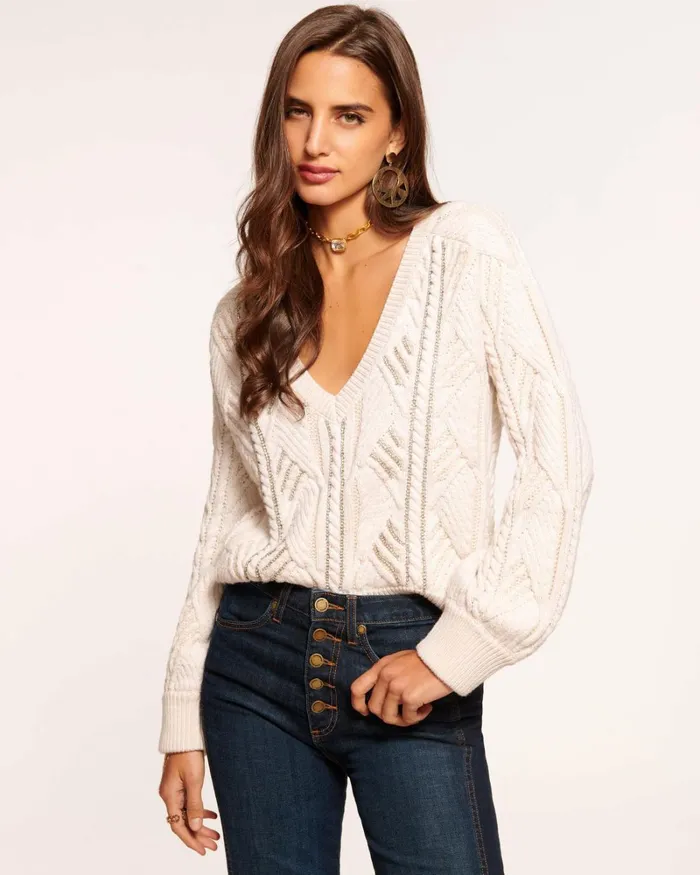 Women Trinity Embellished VNeck Sweater Grey Bedazzled Ramy Brook Tops
