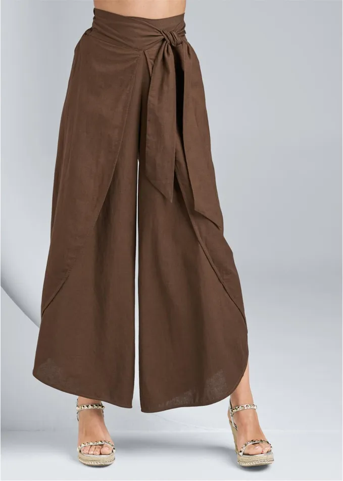 WRAP FRONT WIDE LEG LINEN PANTS Brown Women VENUS Casual