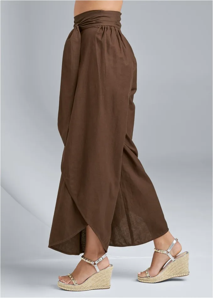 WRAP FRONT WIDE LEG LINEN PANTS Brown Women VENUS Casual