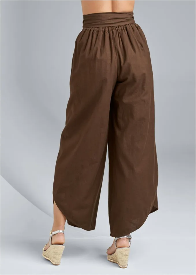 WRAP FRONT WIDE LEG LINEN PANTS Brown Women VENUS Casual