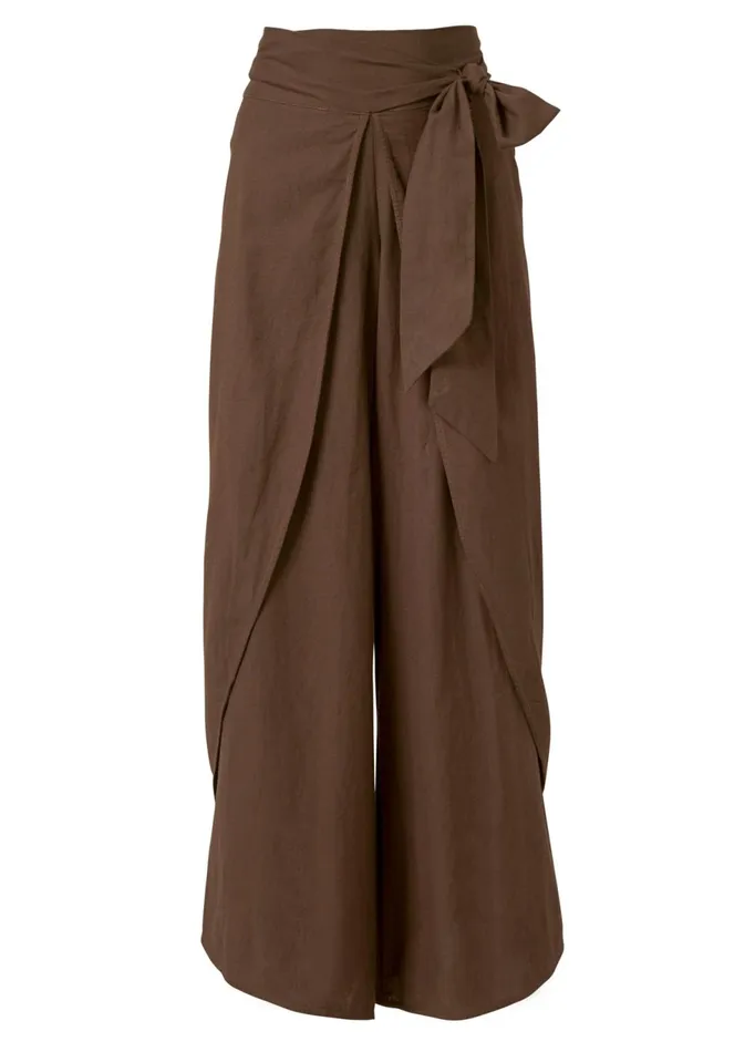 WRAP FRONT WIDE LEG LINEN PANTS Brown Women VENUS Casual